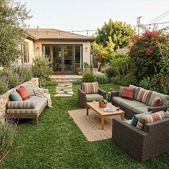 Luxury backyard patio with a green lawn featuring wicker and wooden furniture with custom-made striped and solid cushions by WM Design Furniture in Van Nuys.