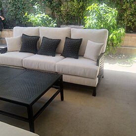 "Professional outdoor sling chair fabric replacement and restoration service in Van Nuys, California.